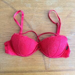 Victorias Secret PINK Date Push Up Bra 34B Hot Pink Lace Strappy Cage Underwire